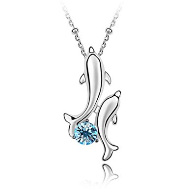 Cute Necklace Swarovski Elements Austrian Crystal Double Jumping Dolphin Shinning Crystal Necklace