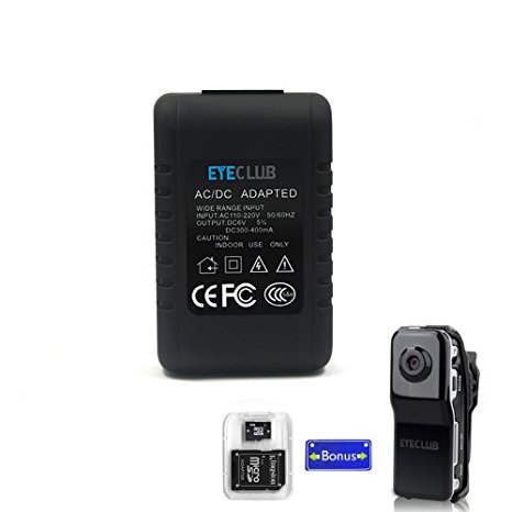 Eyeclub Wi-Fi Hidden Camera Adapter Improved Version [with Bonus Mini DV and 8GB Micro SD Card] AC Charger HD 1080P Mini Spy Camera with Soft Finish