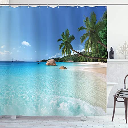 Ambesonne Ocean Shower Curtain, ANSE Lazio Beach at Praslin Island Surfing Beach Scenic View Travel, Cloth Fabric Bathroom Decor Set with Hooks, 70" Long, Blue Turquoise