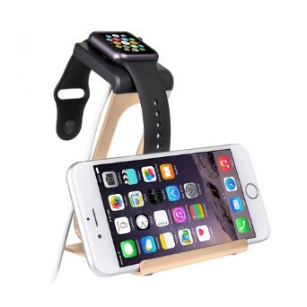 Apple Watch Stand - KevenAnna iPhone iWatch Dual Stand Charging Station Holder Cradle Dock  Updated Version - Aluminum Stand with TPU Dock Charging Cable and Watch Case and Watch NOT IncludedGold