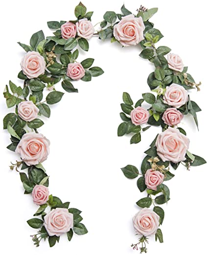 Ling's moment Handcrafted Artificial Blush Pink Rose Flower Garland Greenery Garland 5FT for Wedding Ceremony Backdrop Arch Flowers Table Centerpieces Decorations