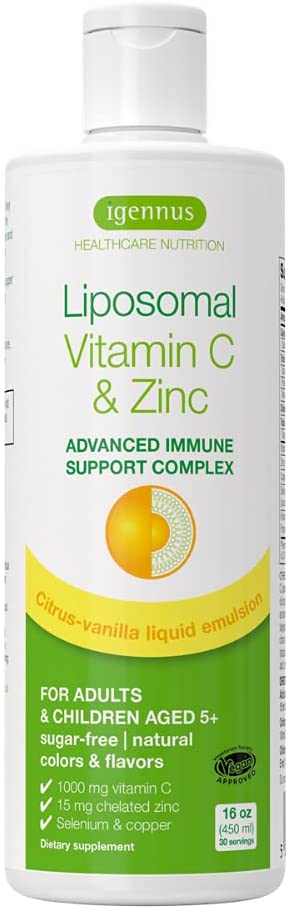 Igennus Liposomal Vitamin C 1000mg & Zinc, High Absorption Liquid Immune Support, with Copper & Selenium, Adults & Kids