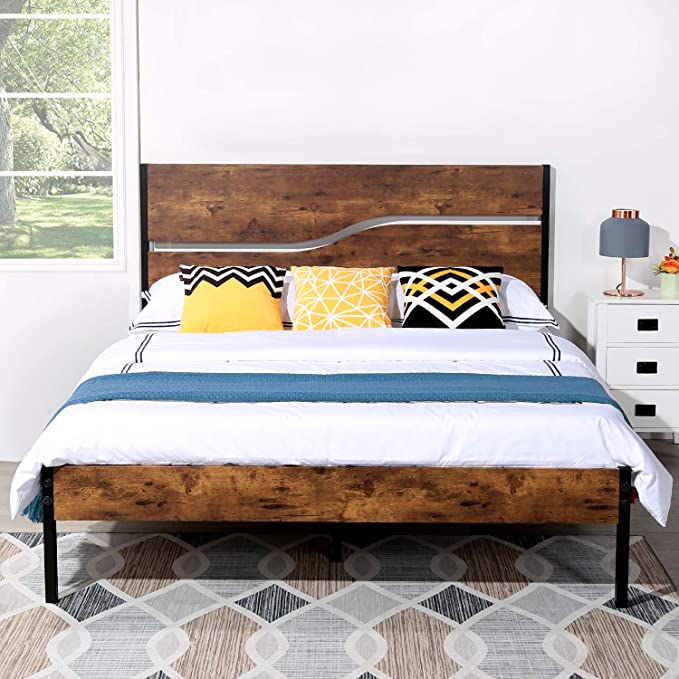 VECELO Platform Bed Frame Queen Size with Rustic Vintage Wood Headboard, Mattress Foundation, Strong Metal Slats Support, No Box Spring Needed