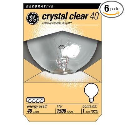 GE 12980-6 40 Watt Globe G25 Light Bulb, Crystal Clear, 6-Pack