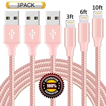 BULESK Phone Cable 3Pack 3FT 6FT 10FT Nylon Braided Phone Charger Cord Compatible with Phone Xs/XS Max/XR/X/Phone 8 8 Plus 7 7 Plus 6s 6s Plus 6 6 Plus Pad Pod Nano - Pink