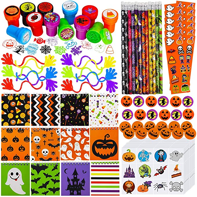 Supla 96 Pack Halloween Stationery Toy Assortment Halloween Prizes Rewards Bulk for Kids Halloween Party Favors School Classroom Rewards Prizes Trick or Treat Goodie Bags Halloween Miniatures