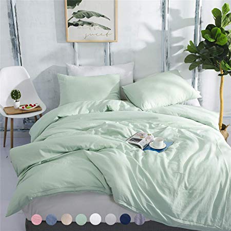 Textong Duvet Cover Set Solid Super Soft Bedding Sets with Zipper Closure Washed Process Microfiber Bed Cover(Green Queen)