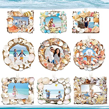 9 Pcs Beach Picture Frame Christmas Nautical Theme Wooden Photo Frames Sea Ocean Shell Picture Frames Beach Christmas Ornaments Hanging Photo Ornaments Coastal Christmas Decor