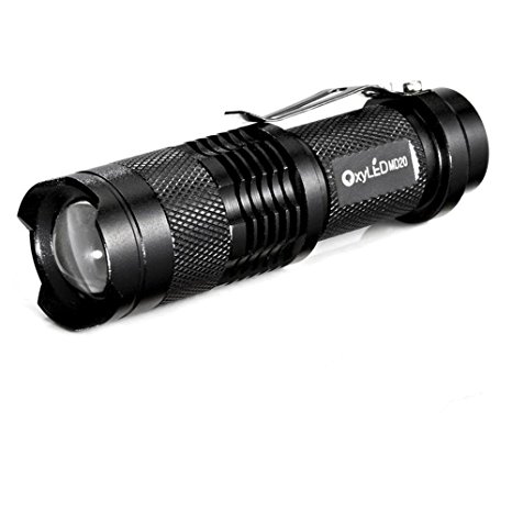 OxyLED® MD20 Super Bright Portable 250 Lumen CREE LED Rechargeable Zoomable Powerful Flashlight with Clip, Black Waterproof Focus Adjustable Torch for Camping Hiking or Outdoor Sports, with Battery and Charger