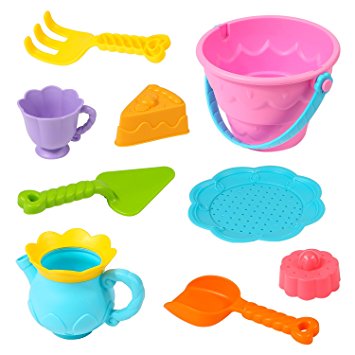 Newisland Beach Toys Sand Set for Kids, 10 Pieces, with Zippered Bag, Tea pot, Cup, Shovel, Plate and ect