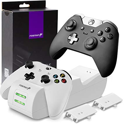 Fosmon Xbox One/One X/One S Controller Charger, [Dual Slot] High Speed Docking/Charging Station with 2 x 1000mAh Rechargeable Battery Packs (Standard and Elite Compatible) - White