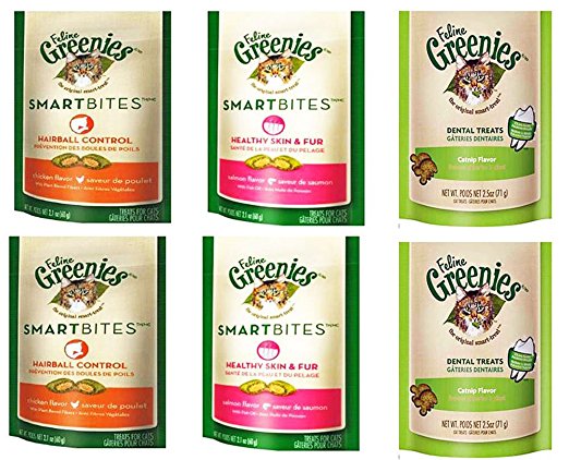 GREENIES Feline Variety Bundle for Cats: Hairball Control (2), Healthy Skin and Fur (2), and Dental Care (2)