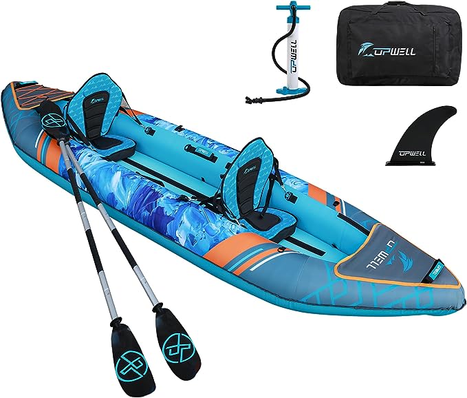 UPWELL 13'6”/11' Inflatable Recreational Kayak - 2 Person with High Pressure Floor and Accessories Including Kayak Seats with High Back Support, Aluminum Alloy Paddle , Fin, Repair kits, carry bag and Hand Pump