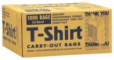 T-Shirt Carry-Out Bags - 1000 Bags - 1/6 Barrel 11 1/2 in x 6 1/2 in x 22 in x .491 mil - 29.2 cm x 16.5 cm x 55.9 cm x 12.5 pm - 100 % Recyclable Plastic Bags