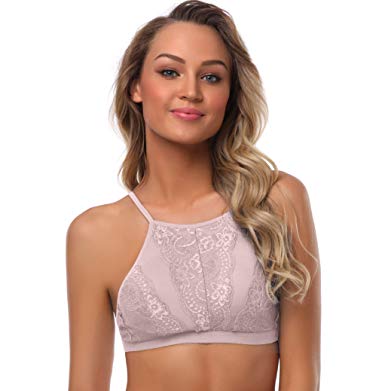 SHEKINI Lace Halter Wireless Lightly Lined High Neck Bralette Bra for Women