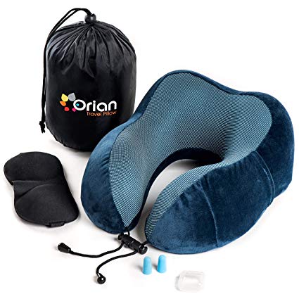 Orian Travel Pillow Set, Pure Memory Foam, Full Head & Neck Support, The Best Travel Set on an Airplane\Car\Bus Incl. Luxury Eye Mask, Earplugs & Large Side Cellphone Pocket -Blue (Blue)