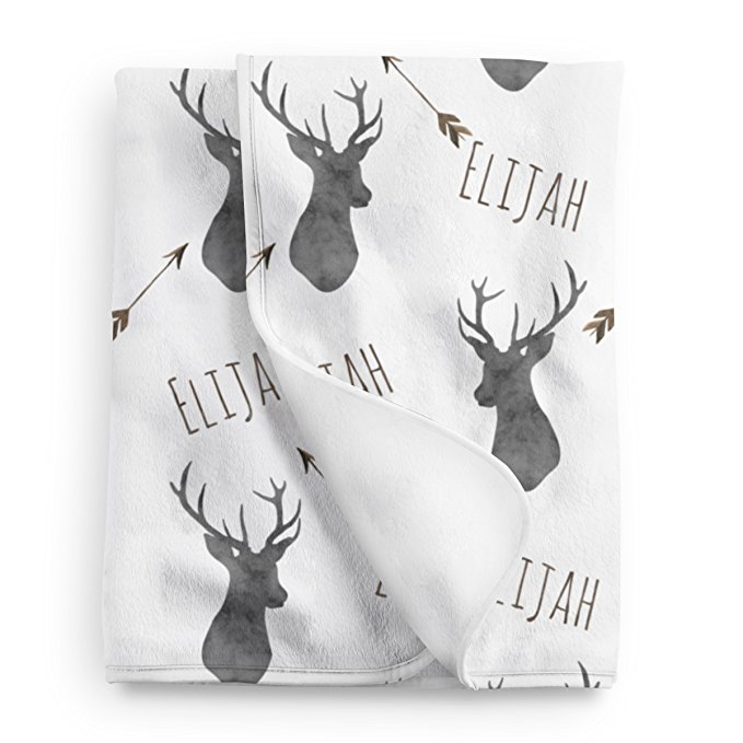 Personalized Deer Fleece Baby Boys Blanket, Charcoal and brown print