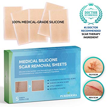 Puriderma Medical Silicone Scar Removal Sheets [Set of 5] - Fast & Effective on Keloid, Surgery, Burn, Acne, C-Section Scars