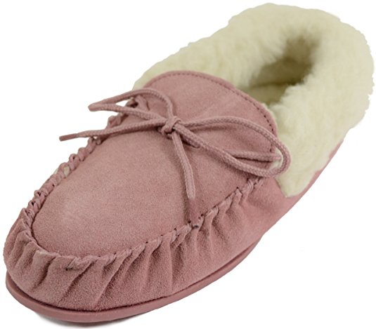 Ladies Pink Suede Moccasin Slippers with Hard Sole and Wool Cuff. Sizes 3 to 8