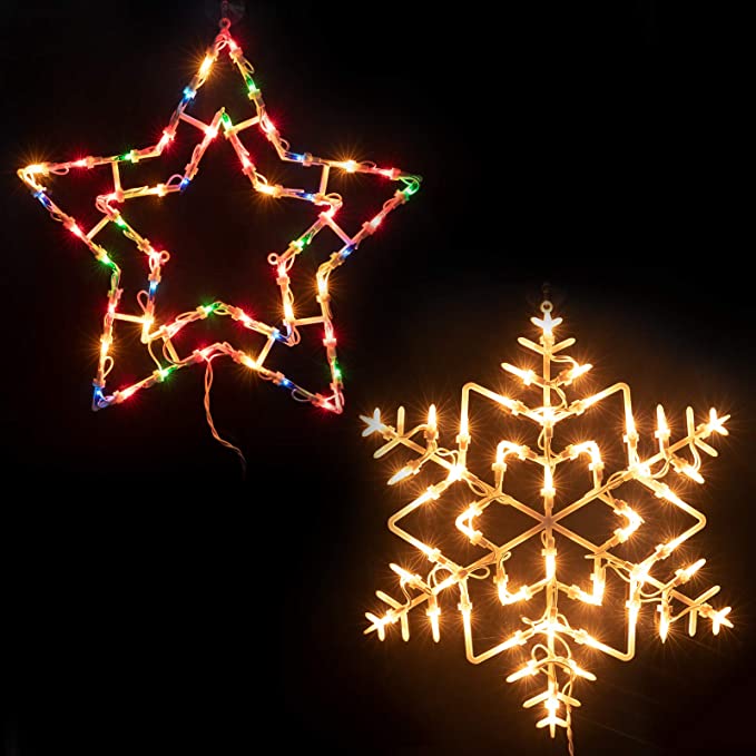 Christmas Window Silhouette Lights Decorations Pack of 2 Lighted Snowflake and Star Christmas Window Lights with 100 Bulbs for Holiday Indoor Wall Door Glass Decorations (Clear Multicolor)