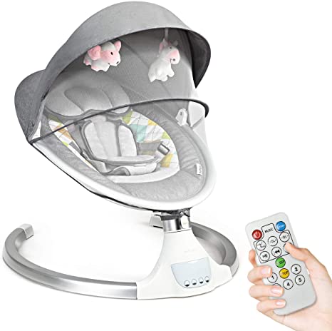 COSTWAY Electric Baby Bouncer Chair with Remote Control, Removable Mosquito Net, 5 Swing Amplitudes & 3-Stage Timing Function, Wireless Bluetooth USB Music Rocking Bed for Newborn Infant (Grey)