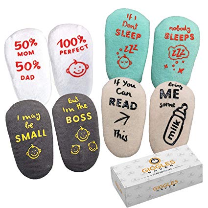 Baby Socks 4-Pair Gift Set -Infant Essentials with Funny Sayings -Non-Skid Gripper Socks to Prevent Slip or Fall -Designed for Safety and Comfort -Unique Baby Shower Gift for 6-24 Months Girls or Boys