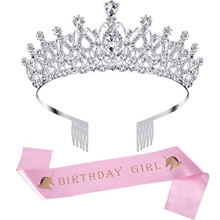 Birthday Crown Rhinestone Crystal Decoration Headband Prom Queen Crown with Birthday Girl Sash, Silver（Pink Sash）