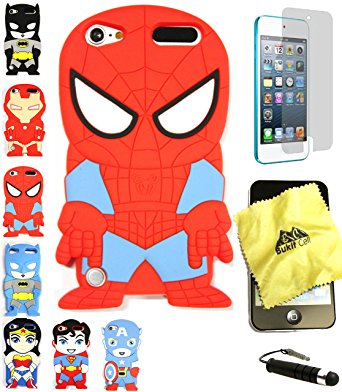 Bukit Cell 3D Superhero Bundle: Spiderman Cute Justice League Cartoon Soft Silicone Case for Ipod Touch 6 6th Generation / 5 5th Generation   Cleaning Cloth   Screen Protector   Stylus Pen