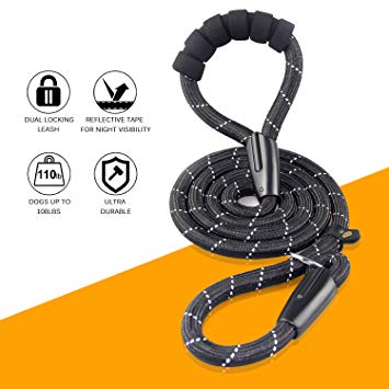 Heavy Duty Dog Leash Especially for Large Dogs Up to 150lbs, 6 Ft Reflective Dog Walking Training Shock Absorbing Bungee Leash with Car Seat Belt Buckle, 2 Padded Traffic Handle for Extra Control