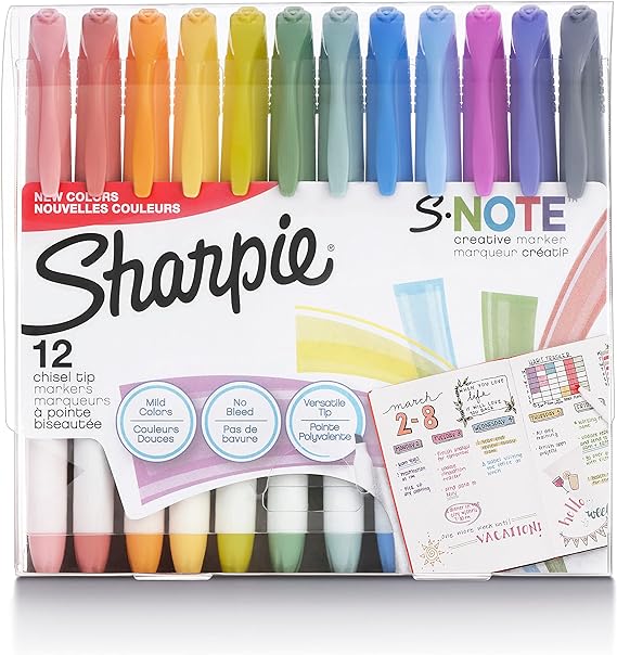 Sharpie S-Note Creative Markers, Highlighters, Assorted Colors, Chisel Tip, 12 Count