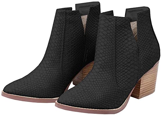 Huiyuzhi Womens Cutout Ankle Boots Pointy Toe Perforated Stacked Heeled Casual Chelsea Booties