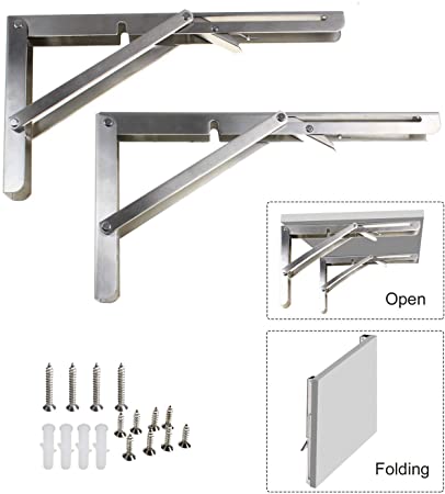 16" Heavy Duty Stainless Steel Fishing Folding Shelf Bracket Wall Mounted Triangle Support Brackets with Long Release Arm for Shelve, Table, Chair,2 Packs