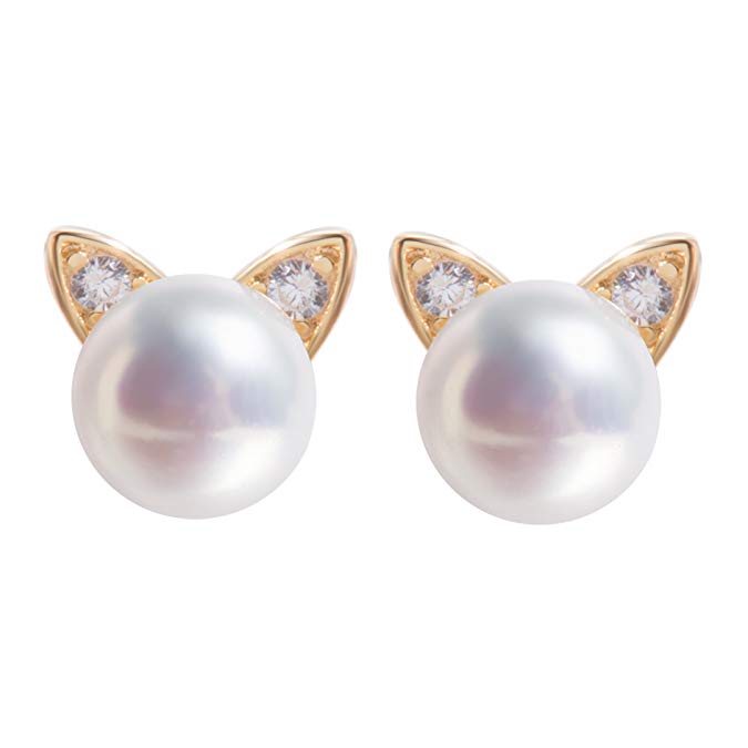 Meow Star Sterling Silver Cat Earrings Pearl Stud Earrings for Women Girls 14k Gold and Rose Gold Plated