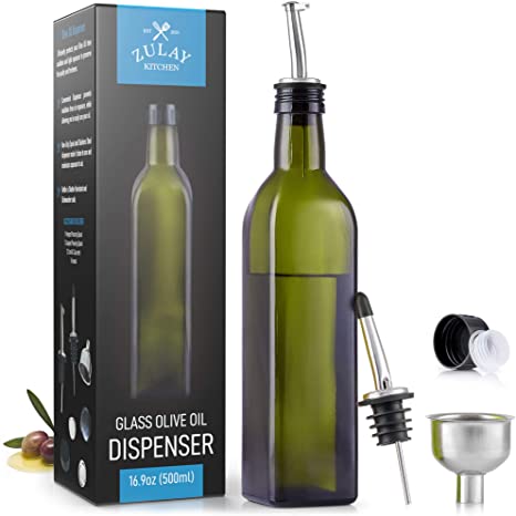 Zulay (17oz) Olive Oil Dispenser Bottle For Kitchen - Glass Olive Oil Bottle With 2 Spouts, 2 Removable Corks, 2 Caps, & 1 Funnel - Oil Bottle For Kitchen & Storing Liquids (Green Bottle)