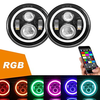 7" LED Headlights Bulb RGB Halo Angel Eye with Bluetooth Remote for 1997~2016 Jeep Wrangler JK LJ CJ Hummer H1 H2 Headlamp Driving Light