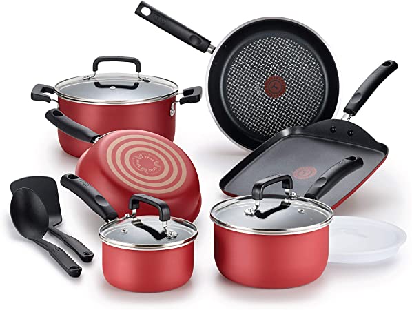 T-fal Signature Titanium Advancend Nonstick Pots and Pans Cookware Set, 12 Piece, Red