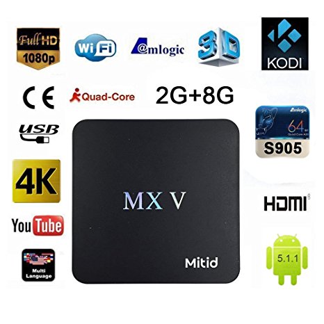 Mitid MXV Smart TV Box Mini PC Amlogic S905 Quad Core IPTV Streaming Media Player 2GB/8GB WiFi HD 4K HDMI KODI Add-ons Pre-installed