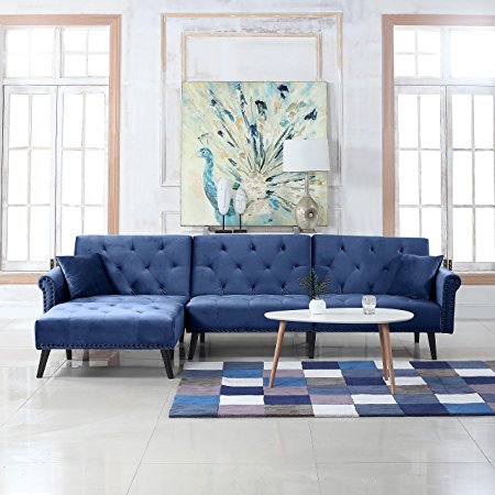 Mid Century Modern Style Velvet Sleeper Futon Sofa, Living Room L Shape Sectional Couch with Reclining Backrest and Chaise Lounge (Navy Blue)