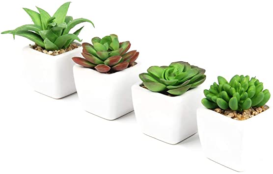 Flojery 4pcs Artificial Succulents Plants with Pot Mini Realistic Fake Succulents Ceramic Planter for Desk, Office, Living Room, and Home Decoration (Green/White Ceramic Pots)