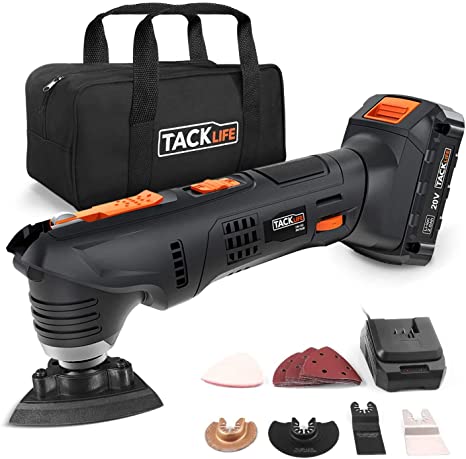 TACKLIFE Oscillating Tool, 20V Max Cordless Multi-Tool, 24 pcs Accessories, 2.0Ah Li-Ion Battery, 1 Hour Fast Charge, 6 Speeds for Grout Removing, Scraping, Cutting and Polishing, Carry Bag include