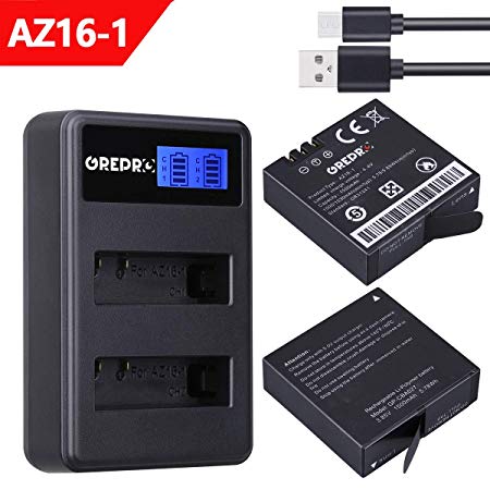 Grepro AZ16-1 Replacement Battery (2Pack) and Dual USB Channel Charger Compatible with Original for Xiaomi YI AZ16-1,AZ16-2 and Xiaomi Yi 4K,Yi 4K ,Yi Lite,YI 360 VR Camera