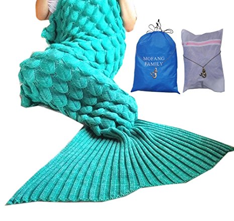 MOFANG FAMILY Soft Mermaid Tail Blanket Sofa Quilts Sleeping Bag for kids Adult 71"x36" SCALE GREEN with Carry Pouch and Washing Bag