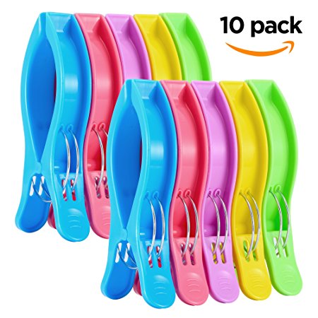 IPOW X-Large 10 Pack Towel Clips for Beach Or Lounge Chair,Cruise in 5 Fun Bright Colors,Durable Plastic Clamp Keep Your Towel,Clothes,Blanket,Quilt from Sliding Down