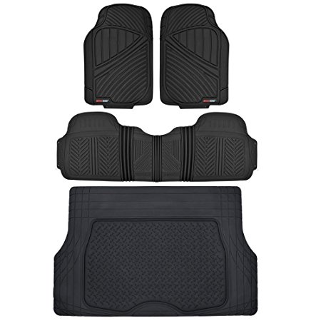 MotorTrend FlexTough Rubber Floor Mats & Cargo Set Black Heavy Duty BPA Free & Odorless