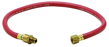 Amflo 37L-24B Red 300 PSI Rubber Lead-in Air Hose 3/8" x 24" With 1/4" MNPT x 1/4" FNPT Fittings, Bend Restrictors, And Ball Swivel