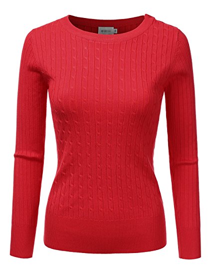 DRESSIS Womens Long Sleeve Round Neck Buttoned Shoulder Cable Knit Sweater