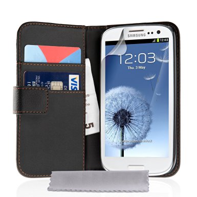 Samsung Galaxy S3 Case Black Leather Wallet Cover With Screen Protector