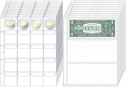 20 Sheets Coin Collection Page and Currency Collection Pages, Coin Binder Inserts Sleeves with 20 Pockets, Bill Sleeves Collection Pages Plastic Protector with 3 Pockets for Coin Stamp Badges Receipts