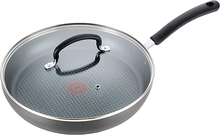 T-fal E91898 Ultimate Hard Anodized Scratch Resistant Titanium Nonstick Thermo-Spot Heat Indicator Anti-Warp Base Dishwasher Safe Oven Safe PFOA Free Glass Lid Cookware, 12-Inch, Gray