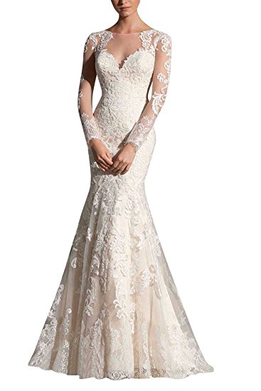 MILANO BRIDE Gorgeous Bridal Wedding Dress Long Sleeves Mermaid Floral Applique